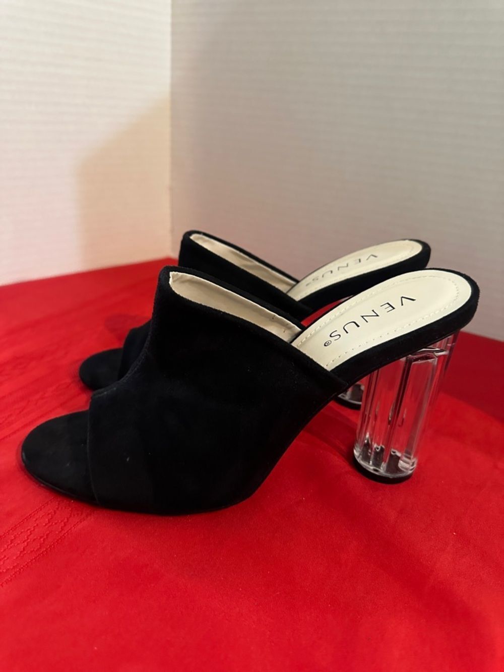 VENUS Black Suede Mule with Clear Lucite Block Heel Size 8